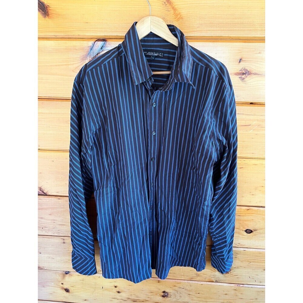 U.S. Expedition Long Sleeve Button Down Brown Blue Striped Men’s Shirt XL
